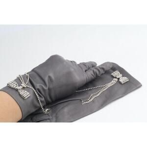 Vintage Gray Soft Leather Rhinestone Box Decor Women's Fashion Gloves Size 7
